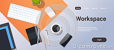 Workplace desk top angle view keyboard mouse smartphone notepad office stuff horizontal copy space Vector Illustration