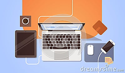 Workplace Desk Top Angle View Laptop And Tablet Computer Vector Illustration