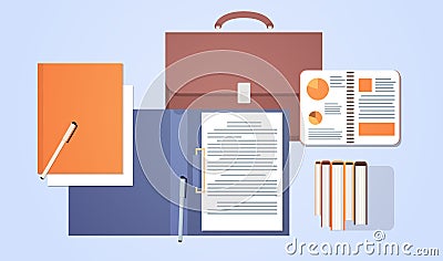 Workplace Desk Top Angle View Suitcase With Paper Documents Sign Contract Vector Illustration