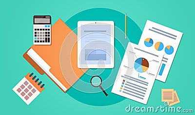 Workplace Desk Top Angle View Tablet Computer With Paper Documents Reports Finance Graph Vector Illustration