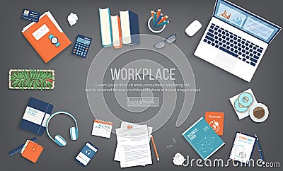 Workplace Desktop background. Top view of black table, laptop, folder, documents, notepad, books. Place for text. Vector Illustration