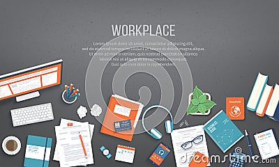 Workplace Desktop background. Top view of black table, monitor, folder, documents, notepad. Place for text. Vector Illustration