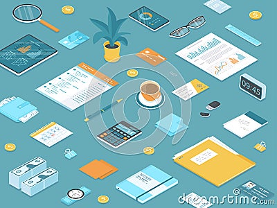 Workplace Desktop background. Top view of table, many office supplies, documents, tablet, folder, purse, calendar, calculator Vector Illustration