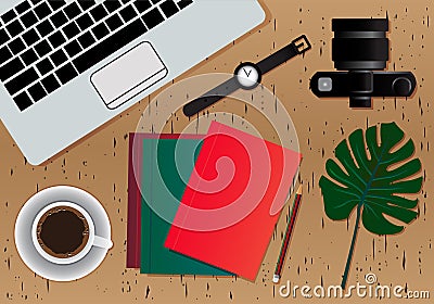 Workplace Desktop background. Top view of table. Top surface with for the woods Brown color ,Close-Up background, Vector Illustration