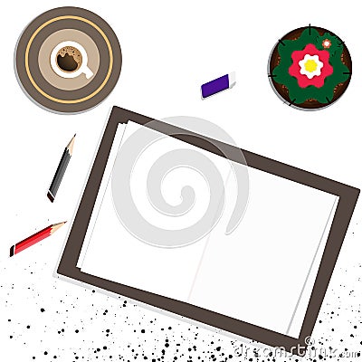 Workplace desktop background. workspace top view with dots scattered art table compose of notebook, coffee and cactus. Business i Vector Illustration