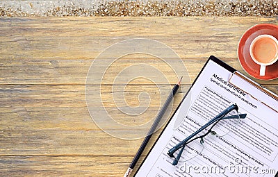 Workplace of a doctor.Medical certificate form Stock Photo