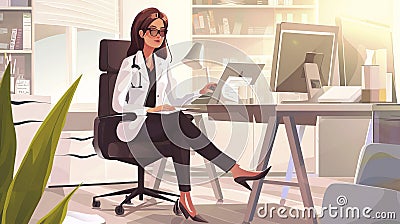 Workplace of a doctor woman works at a desk Cartoon Illustration