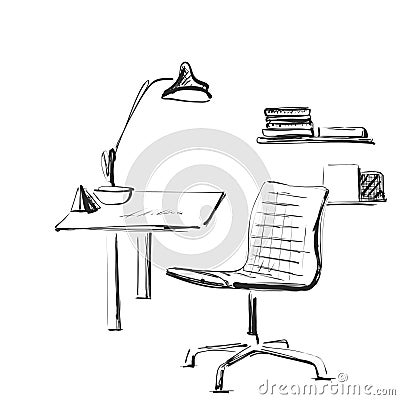 Table with a computer or workplace drawn by hand doodle style. Vector Illustration