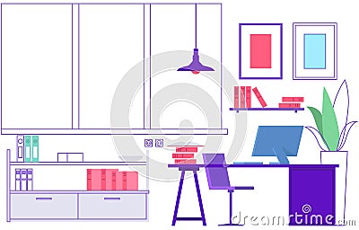 Workplace. Empty modern office interior. Vacant place, learning classroom or home workspace Vector Illustration
