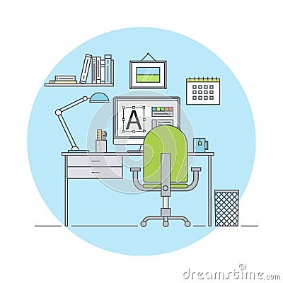 Workplace in flat linear style. Vector Illustration