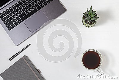 Workplace freelancer. Grey modern laptop with russian keyboard, cup of coffee, metallic pen, green succulent, copybook Stock Photo