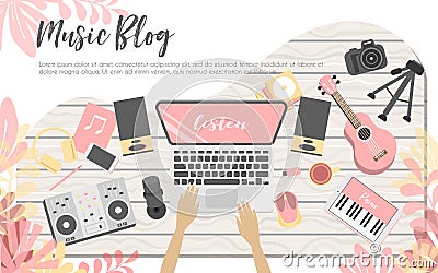 Workplace of girl musician blogger Vector Illustration