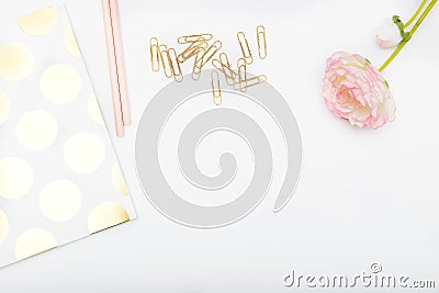 Workplace girl with pink and gold objects. Copy space Stock Photo