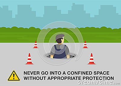 Workplace golden safety rule. Never go into a confined space without appropriate protection. Safety guide for work in manholes. Vector Illustration