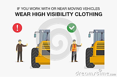 Workplace golden safety rule. Wear high visibility clothing if you work with or near moving vehicles warning poster design. Vector Illustration