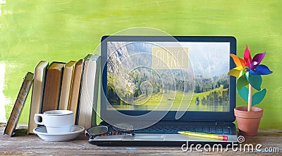 Workplace, home office with books and laptop, silence and inspiration Stock Photo