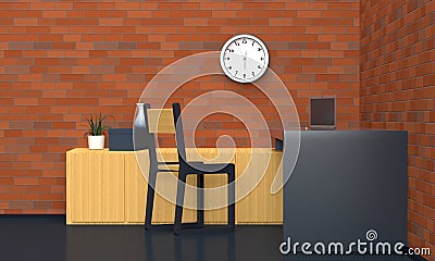 Workplace interior with black table and brick red wall. 3d rendering Stock Photo