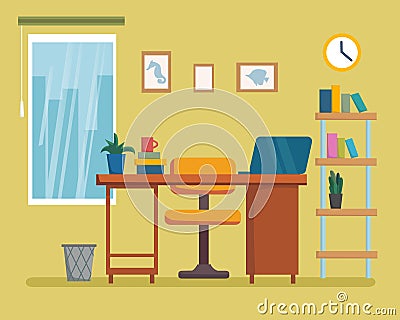 The workplace interior cartoon design with furniture, bookshelf. Freelancer, designer office workstation. Business concept flat st Vector Illustration