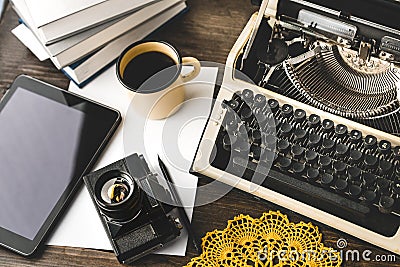 Workplace Of A Journalist, Writer, Blogger. Creative Studio Author Concept. Digital Tablet And Typewriter Stock Photo