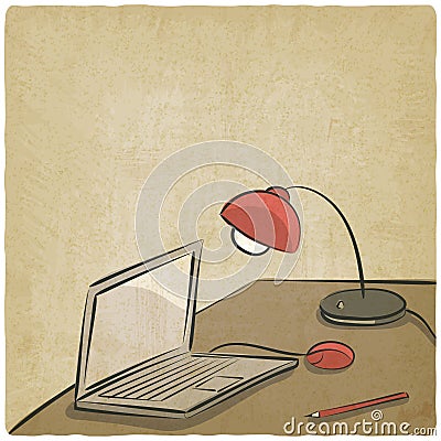 Workplace laptop lamp old background Vector Illustration