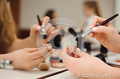Workplace makeup artist. set of brushes for makeup. Stock Photo