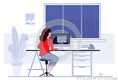 Workplace in office. Business woman working on computer at her desk. Vector illustration. Workspace Vector Illustration