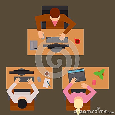 Workplace office tables vector business people team work process office concept web modern worker table top view flat Vector Illustration