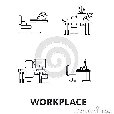 Workplace, office, work, business, desk, corporate interior, industrial line icons. Editable strokes. Flat design vector Vector Illustration