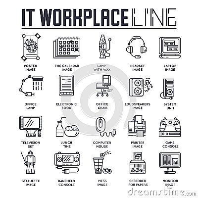 Workplace outline icons collection set. Office linear symbol pack. Modern template of thin line icons, logo, symbols Vector Illustration