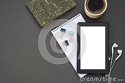 Workplace. Phone, tablet and notepad on the table. Template for desigh with copy space. Business, education concept Stock Photo
