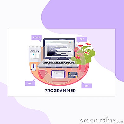 Workplace of programmer or coder. Vector illustration, programmer coding a new project using computer, Web Development, website Cartoon Illustration