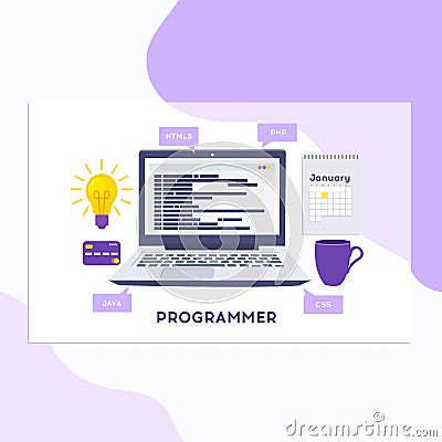 Workplace of programmer or coder. Vector illustration, programmer coding a new project using computer, Web Development, website Cartoon Illustration