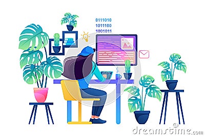 Workplace of a programmer, a girl at a laptop writes program code. Flat 2D Web design Vector Illustration