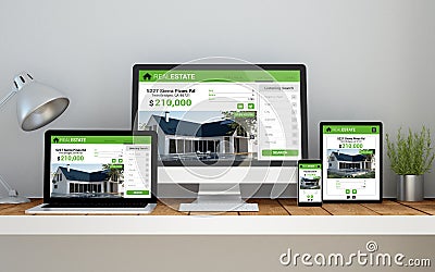 workplace with real estate online responsive website on devices Stock Photo