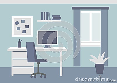 Workplace room, home office. Interior, cabinet, office with computer. Vector illustration in flat style Vector Illustration