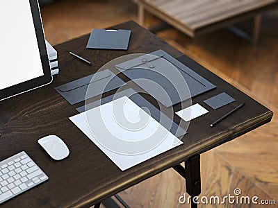 Workplace with stylish mockup. 3d rendering Stock Photo