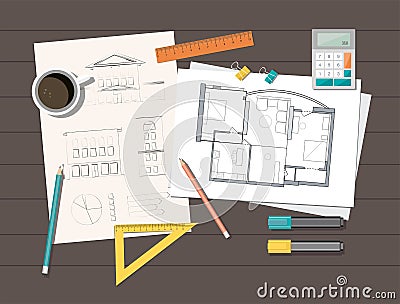 Workplace - technical project architect house plan. Construction background. Vector Illustration