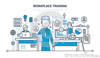 Workplace training, technology, communications, online learning, webinars, data, knowledge, teaching. Vector Illustration
