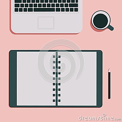 Workplace vector illustration. Top view. Notepad, notes. Notebook, laptop, headphones, pencil, cup. Pink background. Vector Cartoon Illustration