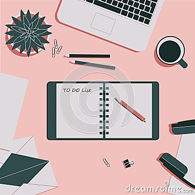 Workplace vector illustration. Top view. Notepad with TO DO List. Plant Succulent, office stationery, notebook, laptop, headphones Cartoon Illustration