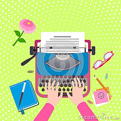 Workplace woman typewriter concept background, flat style Vector Illustration