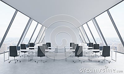 Workplaces in a bright modern open space loft office. White tables and black chairs. New York panoramic view in the windows. 3D re Stock Photo