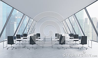 Workplaces in a bright modern open space loft office. White tables and black chairs. Singapore panoramic view in the windows. 3D r Stock Photo