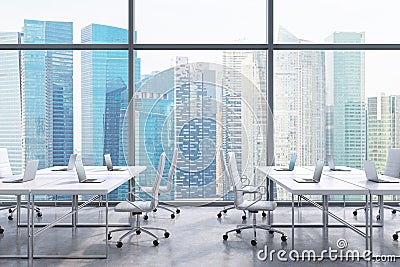 Workplaces in a modern panoramic office, Singapore city view from the windows. A concept of financial consulting services. 3D rend Stock Photo