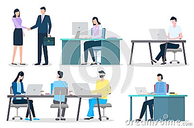 Workplaces and Office Workers, Business Dealing Vector Illustration