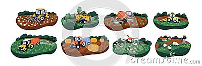 Works at agriculture field, farm, pasture set. Tractors, machines harvesting crops of farmlands. Cultivation of agro Cartoon Illustration