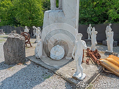 Works of marble in a marble workshop in one of the quarries near Carrara, Italy Editorial Stock Photo