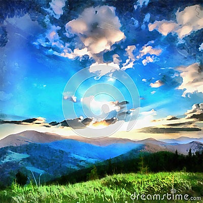 The works in the style of watercolor painting. Dawn in mountains Stock Photo