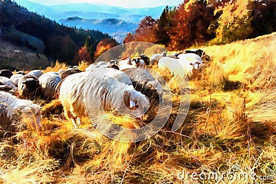 The works in the style of watercolor painting. Flock sheep Stock Photo