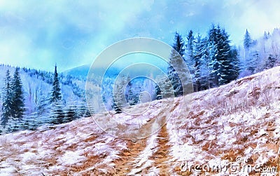 The works in the style of watercolor painting. Winter landscape Stock Photo